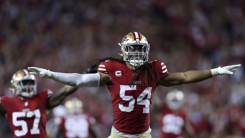 San Francisco 49ers linebacker Fred Warner celebrates after the Detroit Lions failed to covert on fourth down during the NFC Championship game in Santa Clara, Calif., Sunday, Jan. 28, 2024.