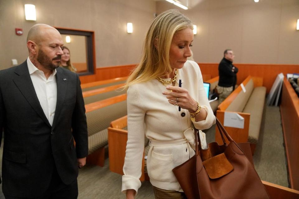 Gwyneth Paltrow in a cream-colored cardigan from G.Label by Goop during her court appearance in Utah (AP)