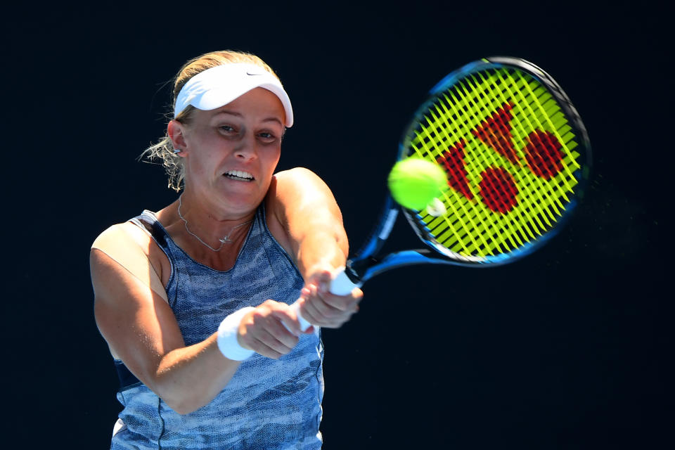 Pictured here, Australia's Zoe Hives returns a backhand during a match in 2019.