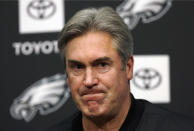 Philadelphia Eagles NFL football coach Doug Pederson listens to a reporter's question during a news conference Tuesday Jan. 15, 2019, in Philadelphia. The Eagles lost to the New Orleans Saints on Sunday, ending their season. (AP Photo/Jacqueline Larma)