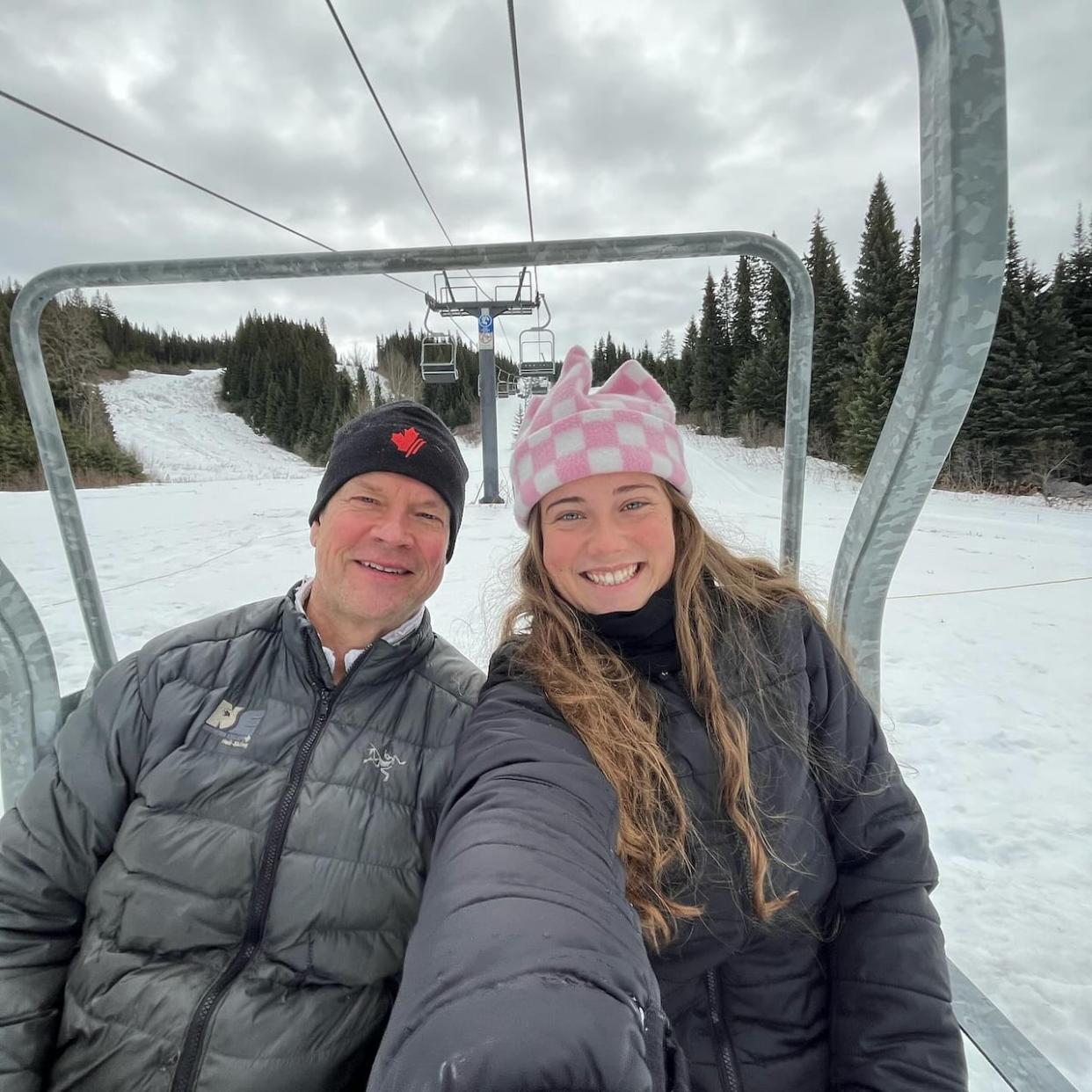 Greg Scott and his daughter Hali ScottSmith have explored more than 40 B.C. ski resorts this season, interviewing other people on the lifts and hills and posting parts of those conversations to social media. (Submitted by Greg Scott - image credit)