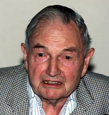 File phot: David Rockefeller speaks to members of the media at a press conference prior to leaving Cuba February 18, 2001. RP/RCS