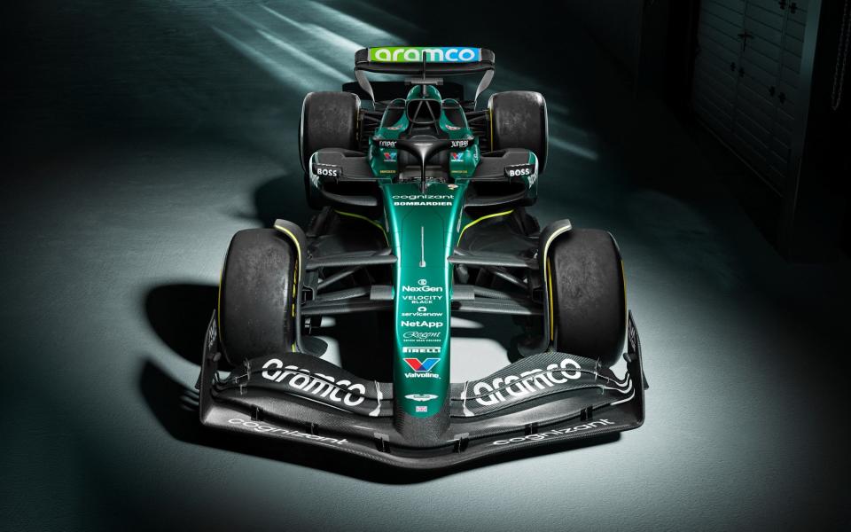 A statement image released by Aston Martin on February 12, 2024 shows the team's Aston Martin AMR24 Formula 1 race car for the 2024 season.