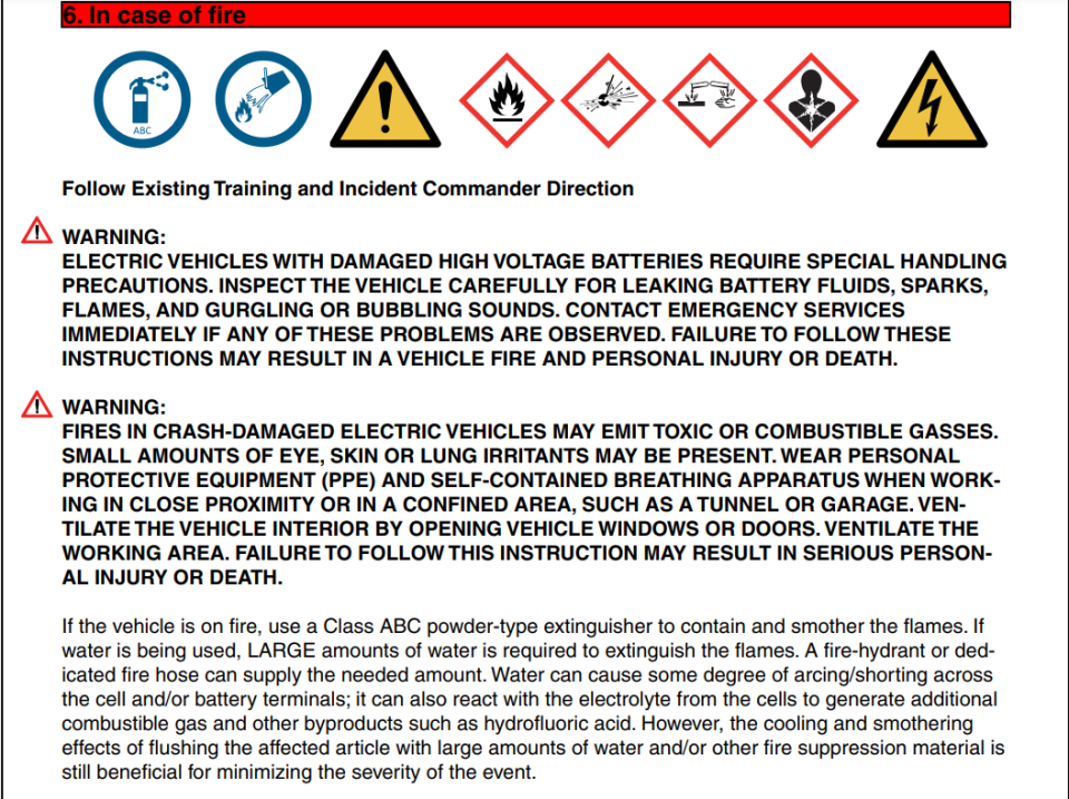 Page 13 of the 20-page Emergency Response Guide written for the Ford F-150 Lightning dated April 2022 has been made available to first responders. Battery fires are not unique to Ford. The automaker did shut down its plant for five weeks to resolve questions involving a Feb. 4, 2023 battery fire in a holding lot in Dearborn.