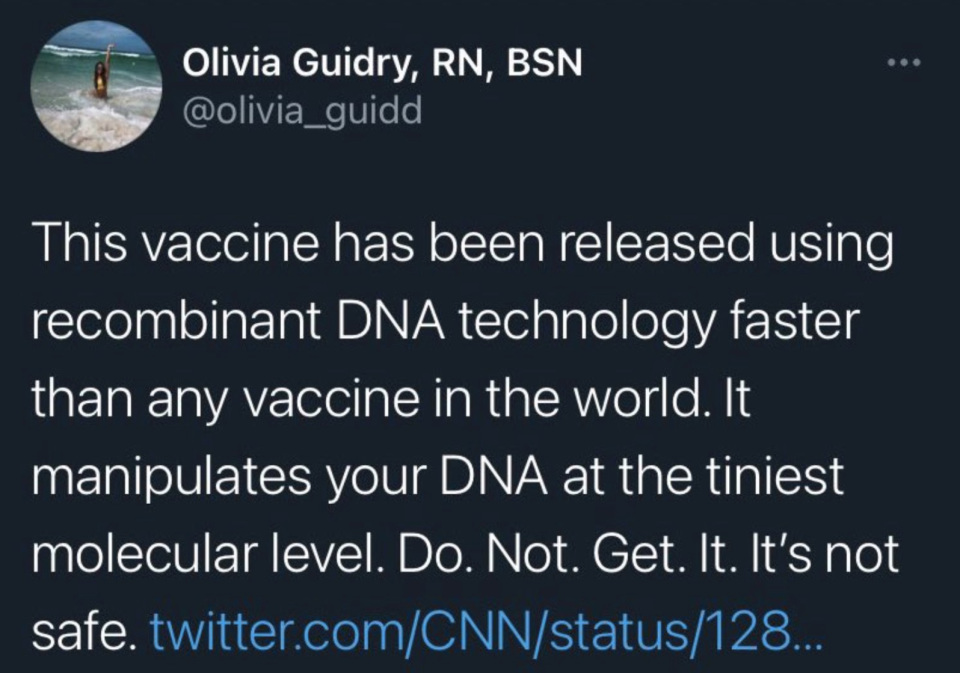 The nurse reportedly pushed conspiracy theories about the vaccine technology and warned others not to get it. Source: Twitter