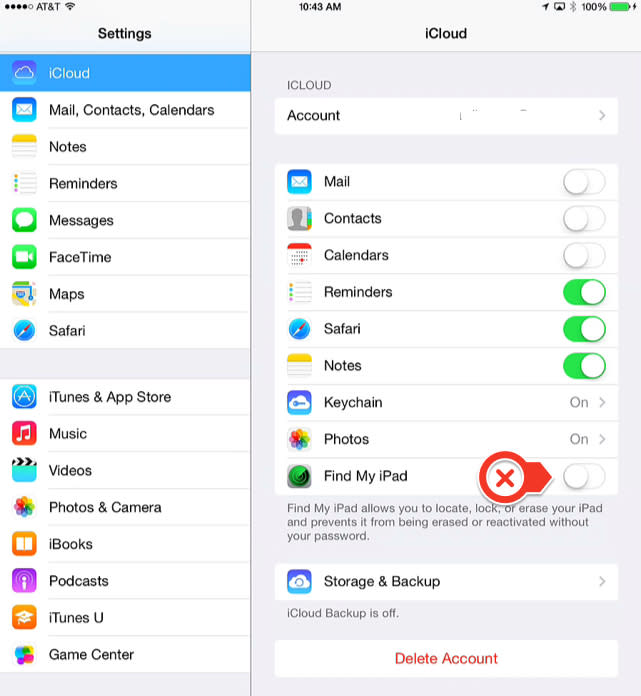 iPad Settings screen indicating iCloud settings and Find My iPad turned off