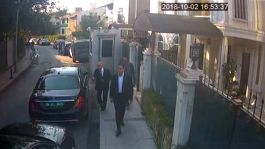 A footage captured from security camera shows Intelligent officer Maher Abdulaziz M. Mutreb (wearing suit and white shirt), member of 15-man execution team is seen leaving at the residence of Saudi Arabia's Consulate in Istanbul, Turkey on October 2, 2018 after carrying out the killing of journalist Jamal Khashoggi. (Istanbul Police Department / Handout/Anadolu Agency/Getty Images)