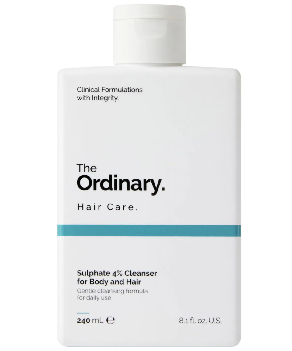 The Ordinary Sulphate 4% Shampoo Cleanser for Body & Hair in white bottle with blue stripe and black text (Photo via Sephora)