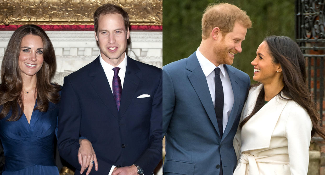 Kate Middleton and Prince William; Prince Harry and Meghan Markle. (Photos: Getty Images)