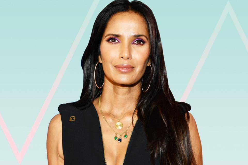 A portrait of Padma Lakshmi with a designed treatment