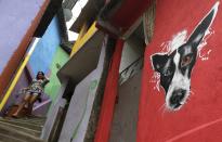 A woman walks along "Graffitti Way" at Prazeres slum in Rio de Janeiro March 24, 2014. Sponsored by the French oil and gas company Total SA, about 50 houses were painted by graffiti artists all the way to the top of the community, local media said. REUTERS/Ricardo Moraes (BRAZIL - Tags: SOCIETY TPX IMAGES OF THE DAY)