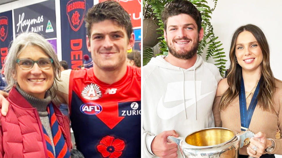 Angus Brayshaw, pictured here with mum Deb and fiancee Danielle.