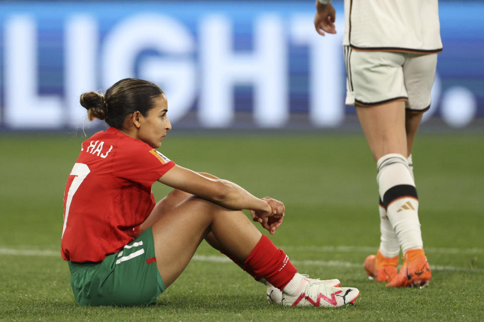 Morocco's Hanane Ait El Haj reacts at the end of the Women's World Cup Group H soccer match between Germany and Morocco in Melbourne, Australia, Monday, July 24, 2023. Germany won 6-0. (AP Photo/Hamish Blair)