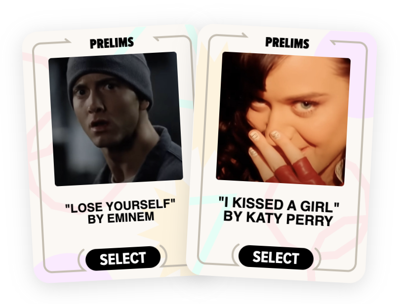 Eminem and Katy Perry are featured on separate cards. Eminem's card says "Lose Yourself," and Katy Perry's card says "I Kissed a Girl." Both cards have a "SELECT" button