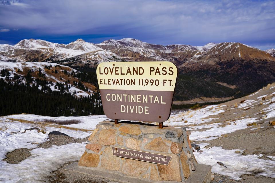 Snow sits on the Colorado Rockies at the Continental Divide on Loveland Pass. Water from here will flow either east to the Gulf of Mexico or west down the Colorado River to California and then into Mexico.