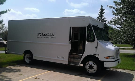 An electric truck, developed by AMP Electric Vehicles, that could be used to make more fuel efficient package deliveries.