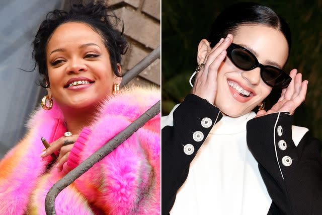 <p>James Devaney/GC Images; Arturo Holmes/WireImage</p> Rihanna and Rosalía rocking tooth gems