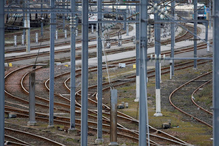 Rail tracks and trains, of the French state-owned railway company SNCF, are seen at the station in Nantes, France March 20, 2018. REUTERS/Stephane Mahe