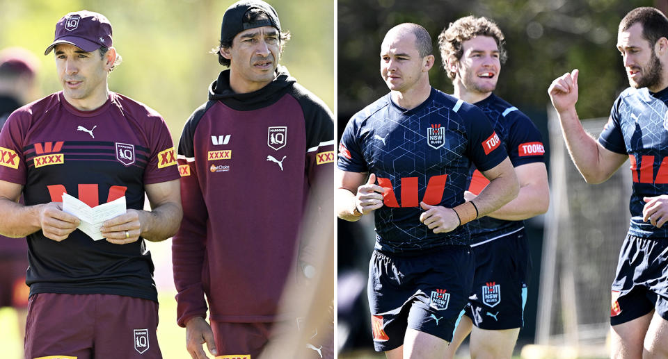 Billy Slater and Johnathan Thurston alongside NSW Blues players.