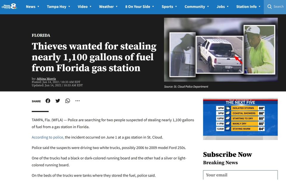 Screenshot of article, "Thieves wanted for stealing nearly 1,100 gallons of fuel from Florida gas station."