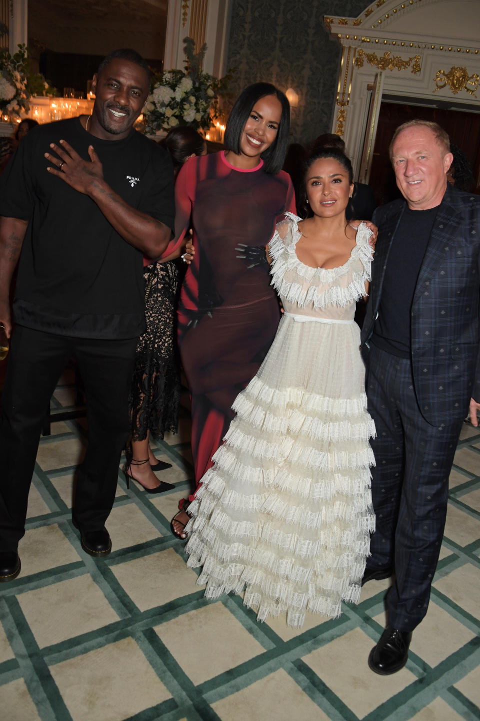 LONDON, ENGLAND - SEPTEMBER 04: (L to R) Idris Elba, Sabrina Elba, Salma Hayek and Francois-Henri Pinault attend a celebration of Edward Enninful's new memoir "A Visible Man" at Claridge's Hotel on September 4, 2022 in London, England. (Photo by David M. Benett/Dave Benett/Getty Images)