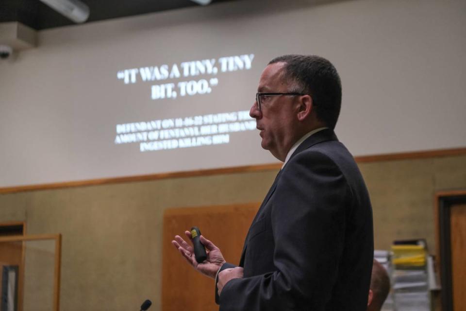 San Luis Obispo County Deputy District Attorney Greg Devitt gives closing arguments in the murder case against Brandi Turner in San Luis Obispo Superior Court on Jan. 18, 2024. Turner is accused of selling the fentanyl to Quinn Hall that killed him in 2022.