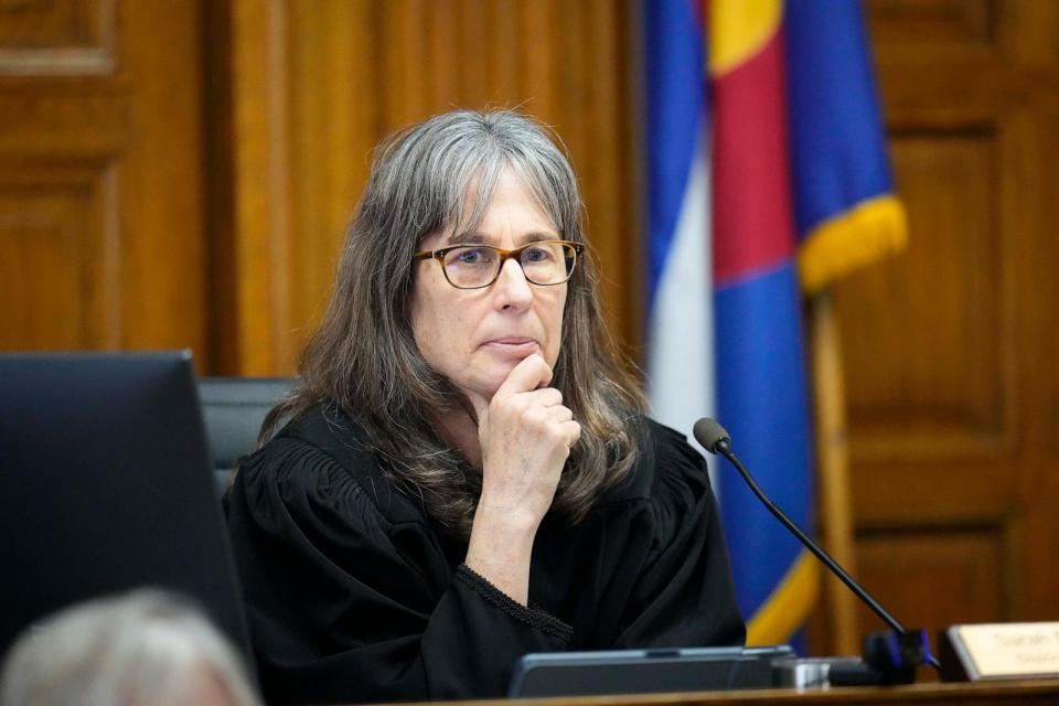 PHOTO: Judge Sarah B. Wallace presides over a hearing for a lawsuit to keep former President Donald Trump off the state ballot in court, Nov. 1, 2023, in Denver.  (Jack Dempsey, Pool/AP)