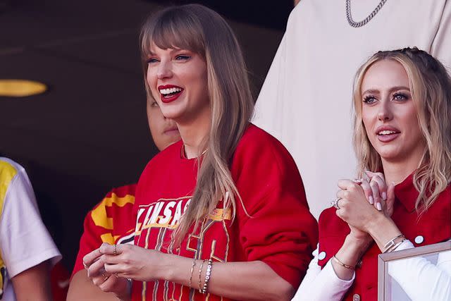 <p>David Eulitt/Getty</p> Taylor Swift wearing an Erimish bracelet at the Oct. 22 Chiefs game