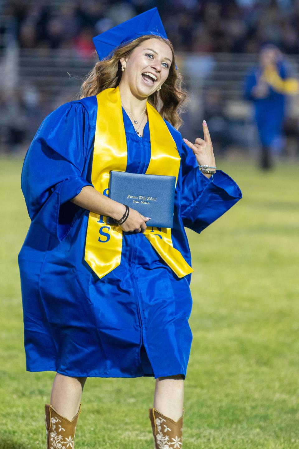 Graduates celebrate after receiving their Serrano High School diplomas during the school's Graduation Ceremony in Phelan CA on Thursday June 8, 2023. (James Quigg, for the Daily Press)