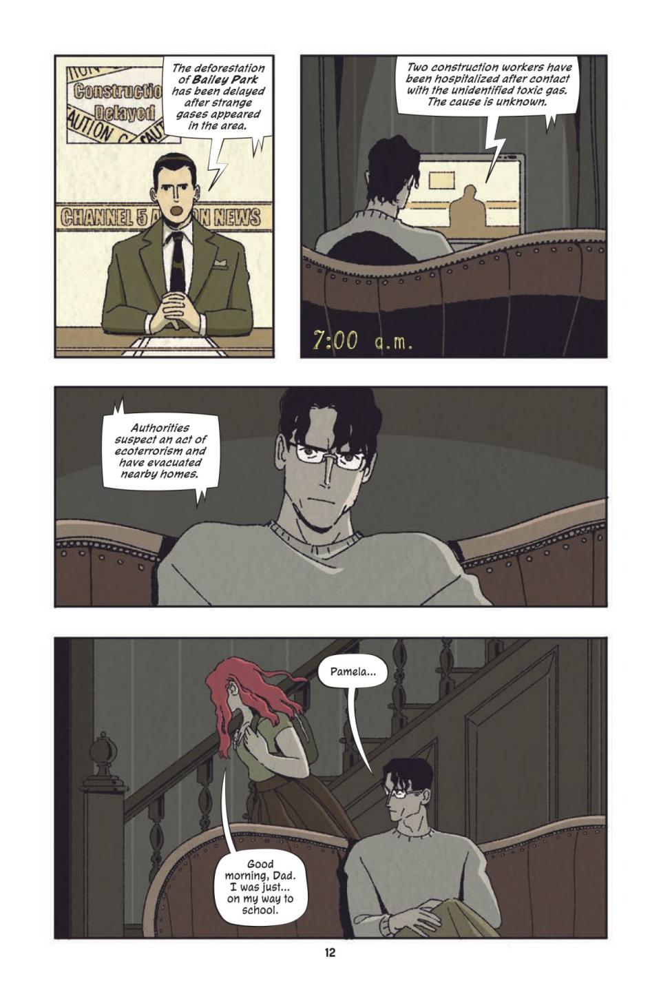 A page from Poison Ivy Thorns shows Ivy talking to her dad who is a creep