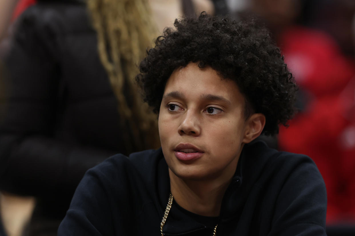 CLEVELAND, OHIO - APRIL 05: Brittney Griner looks on in the second half during the NCAA Women's Basketball Tournament Final Four semifinal game between the UConn Huskies and the Iowa Hawkeyes at Rocket Mortgage Fieldhouse on April 05, 2024 in Cleveland, Ohio. (Photo by Steph Chambers/Getty Images)