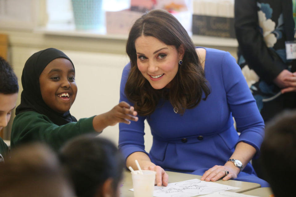 <p><strong>When: Jan. 23, 2018</strong><br>The Duchess kept her makeup neutral and kept her layered locks loose as she spoke to the crowd about her latest initiative — the Mentally Healthy Schools website pilot project (financed by Kate’s Royal Foundation). It’s a site that gives primary school teachers practical resources to help support the mental health of their students. </p>