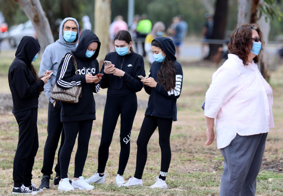 People queuing at the Covid-19 Testing site at Parafield Airport in Adelaide, Australia. 