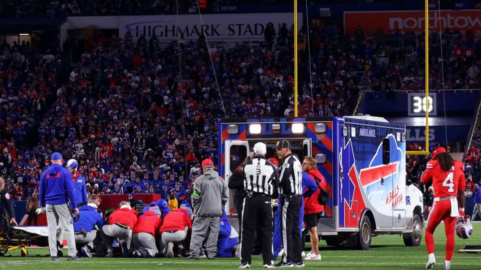 PHOTO: An ambulance waits on the field as medical staff attend to Buffalo Bills running back Damien Harris during the first half of an NFL football game against the New York Giants in Orchard Park, N.Y., Sunday Oct. 15, 2023. (AP Photo/ Jeffrey T. Barnes) (Jeffrey T. Barnes/AP)