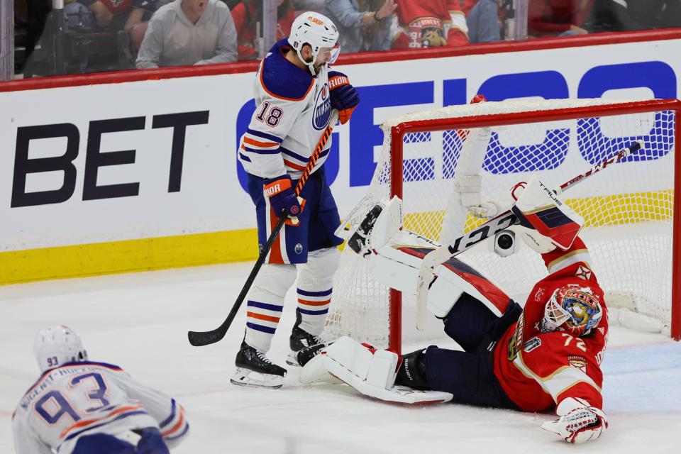 Jun 8, 2024; Sunrise, Florida, USA; Florida Panthers goaltender Sergei Bobrovsky (72) dives to block a shot by Edmonton Oilers forward Ryan Nugent-Hopkins (93) during the second period in game one of the 2024 Stanley Cup Final at Amerant Bank Arena. Mandatory Credit: Sam Navarro-USA TODAY Sports