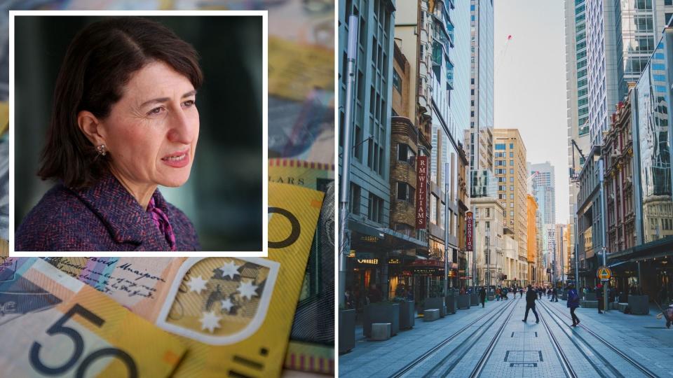 NSW Premier Gladys Berejiklian speaks at COVID-19 press conference, Australian $50 notes, George Street in Sydney.