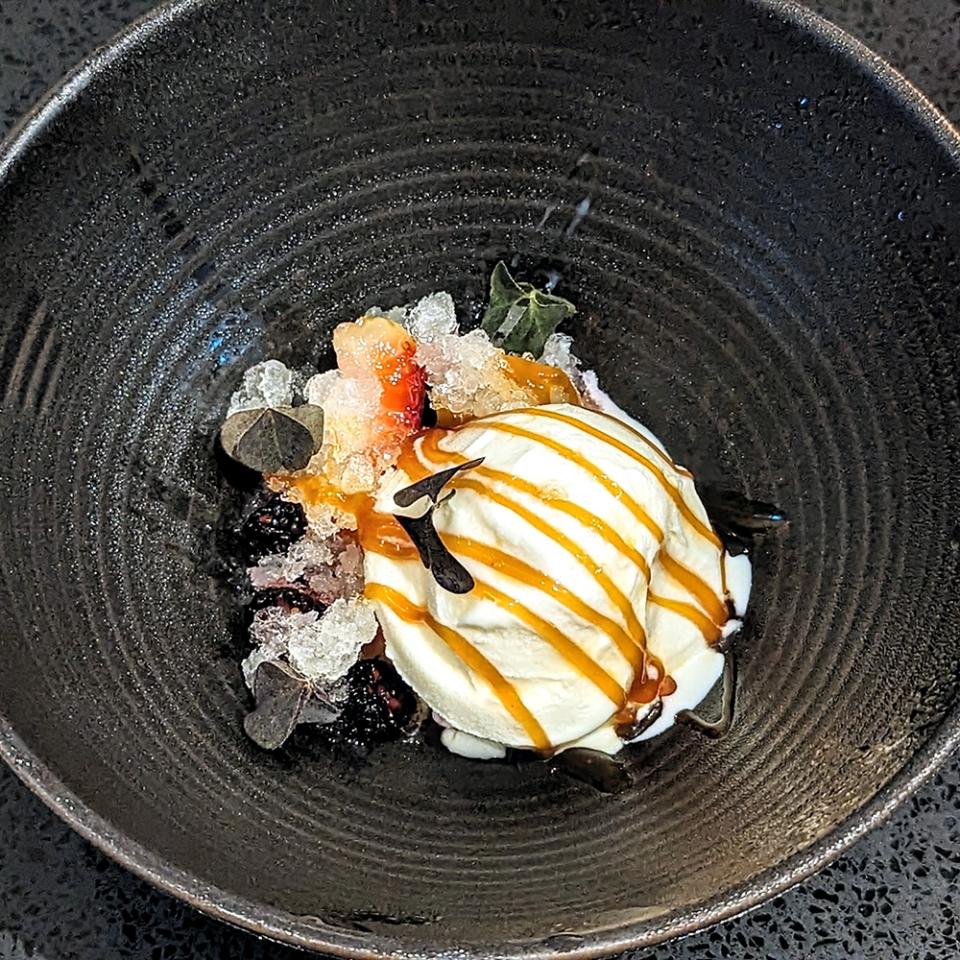 Ice cream for dessert never gets old, especially when it's topped with delicious local berries and balanced with bitter and sour notes from the Earl Grey caramel and lemon granita.