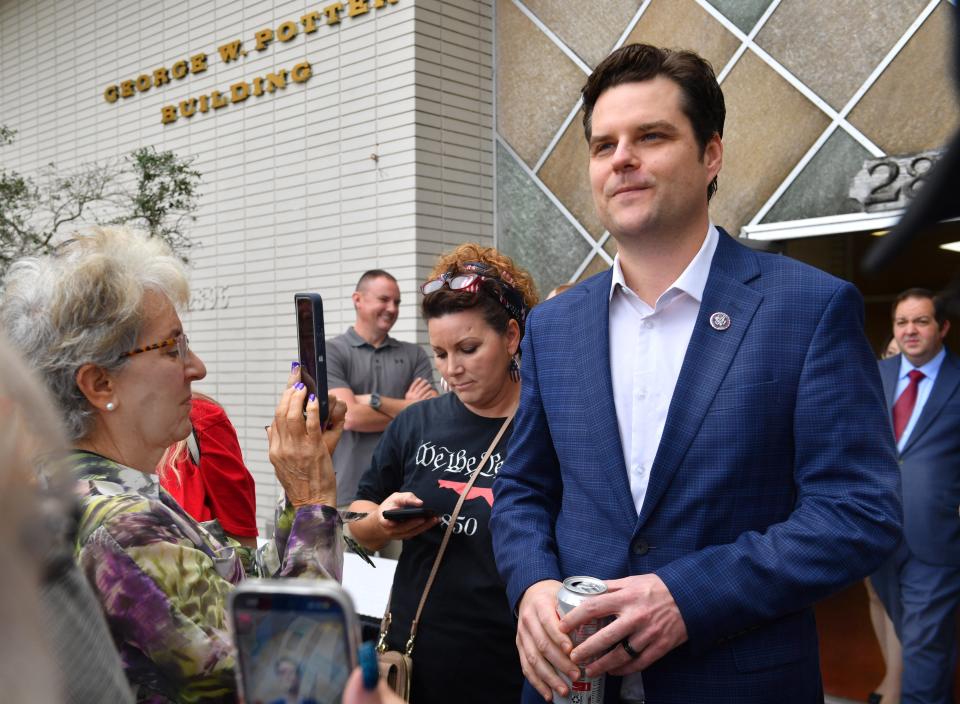 U.S. Rep. Matt Gaetz walks out of a meeting of the Republican Party of Florida's executive committee Friday in Sarasota. Republican activists forced the meeting to consider a vote of no confidence on Republican National Committee Chair Ronna McDaniel's leadership, but they didn't have a quorum Friday and no vote was taken. About 150 people participated in a rally outside the meeting.