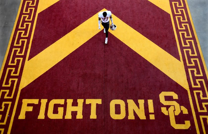 A Washington State football player walks in the tunnel of the area during their USC on Sept. 21, 2018.