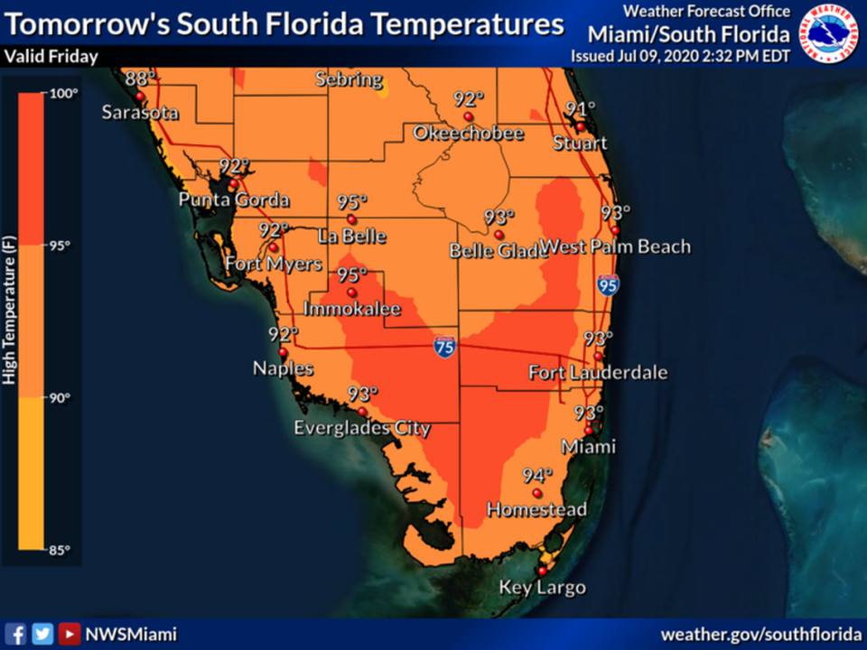 Friday, July 10, will see temperatures in the mid 90s, according to the National Weather Service. The weekend will also be hot, with heat indexes well into the double digits across South Florida.