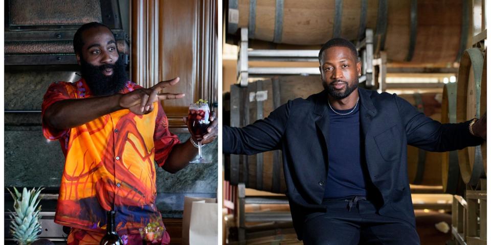 A side by side shows James Harden holding a glass of sangria in a kitchen while Dwyane Wade poses next to wine barrels.