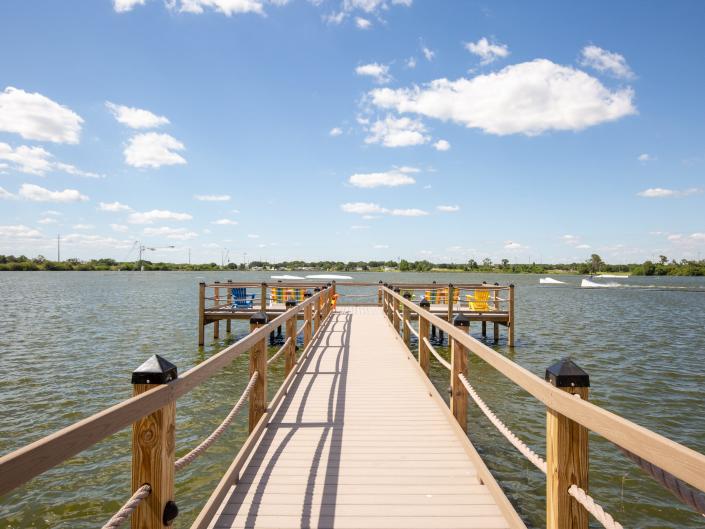 A pier leading out into the lake.