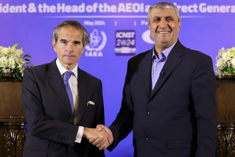 Le chef de l'Agence internationale de l'énergie atomique (AIEA), Rafael Grossi (g) et le chef de l'Organisation iranienne de l'énergie atomique (OIEA), Mohammad Eslami, le 7 mai 2024 à Isfahan, en Iran (ATTA KENARE)