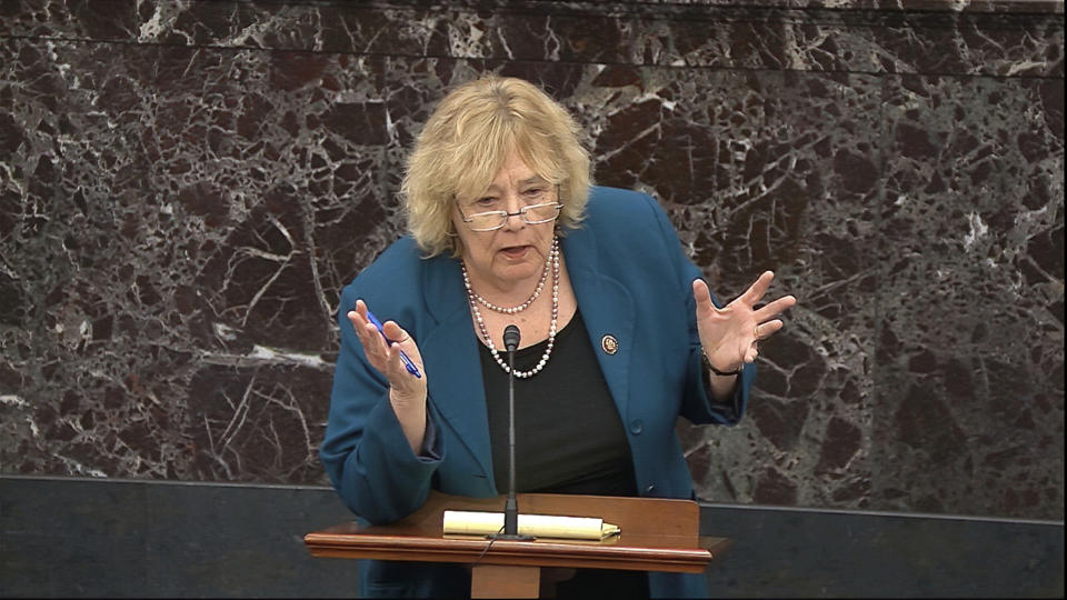 In this image from video, House impeachment manager Rep. Zoe Lofgren, D-Calif., answers a question during the impeachment trial against President Donald Trump in the Senate at the U.S. Capitol in Washington, Thursday, Jan. 30 2020. (Senate Television via AP)