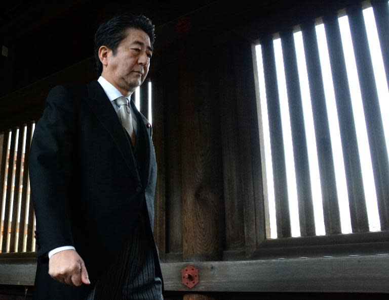 Japanese Prime Minister Shinzo Abe visits the controversial Yasukuni war shrine in Tokyo on December 26, 2013