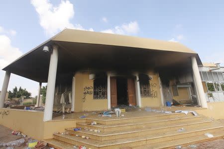 An exterior view of the U.S. consulate, which was attacked and set on fire by gunmen, in Benghazi, in this September 12, 2012 file photo. REUTERS/Esam Al-Fetori/Files