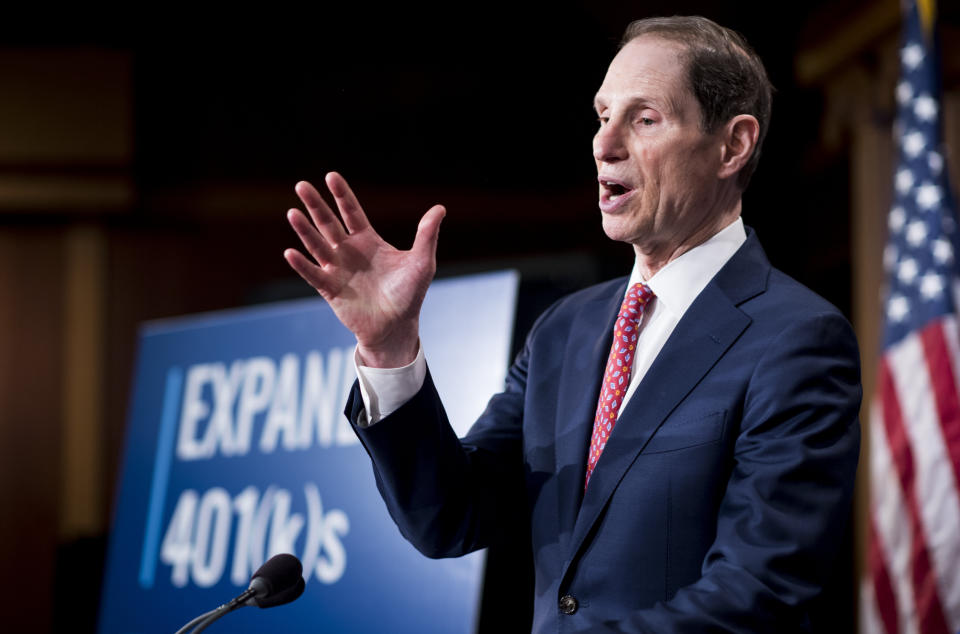 UNITED STATES - OCTOBER 31: Sen. Ron Wyden, D-Ore., participates in the Senate Democrats' news conference to unveil a plan to protect and expand retirement savings on Tuesday, Oct. 31, 2017. (Photo By Bill Clark/CQ Roll Call)