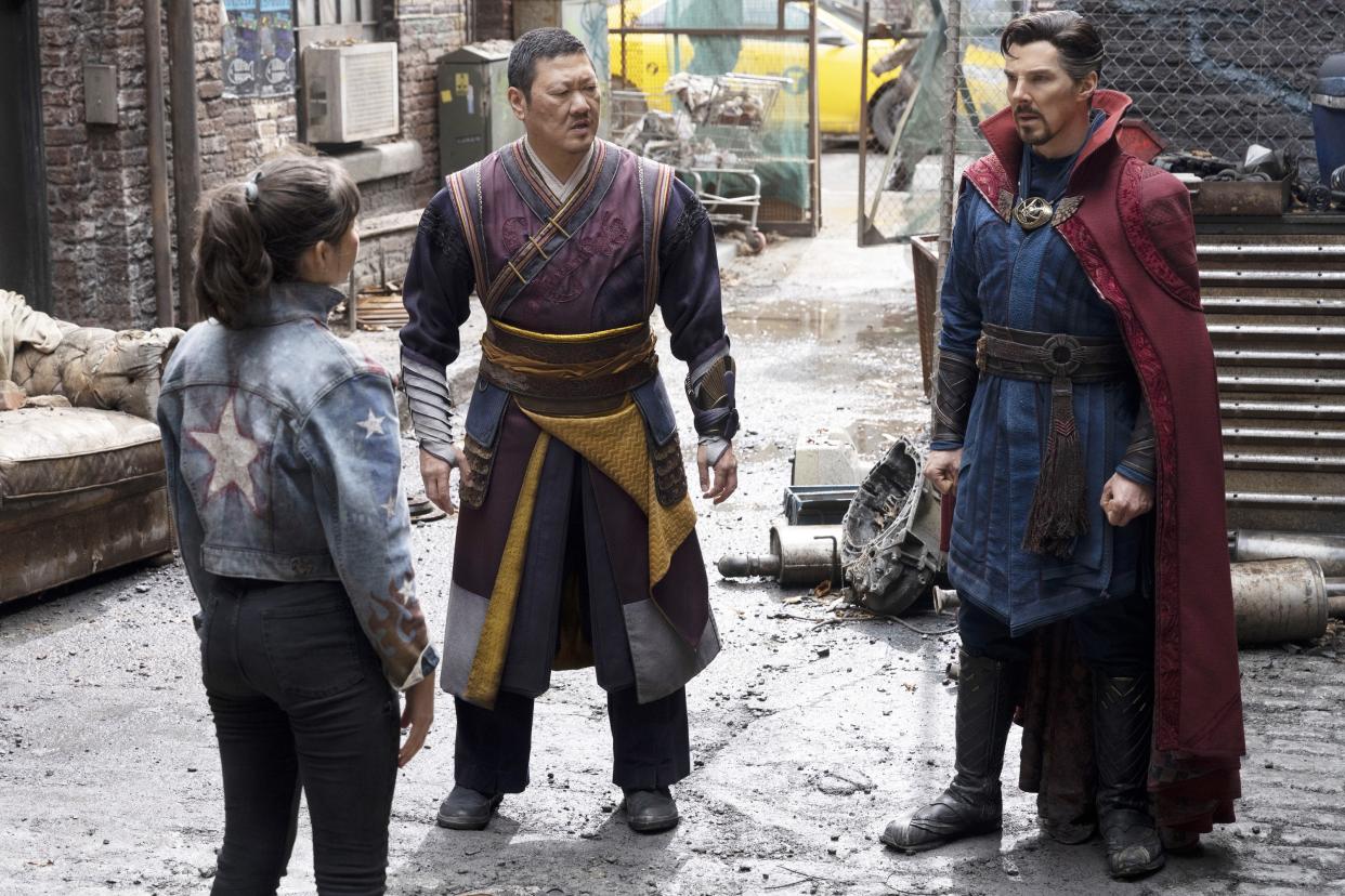 DOCTOR STRANGE IN THE MULTIVERSE OF MADNESS, from left: Xochitl Gomez, Benedict Wong as Wong, Benedict Cumberbatch as Dr. Stephen Strange, 2022. ph: Jay Maidment /© Walt Disney Studios Motion Pictures / © Marvel Studios / Courtesy Everett Collection