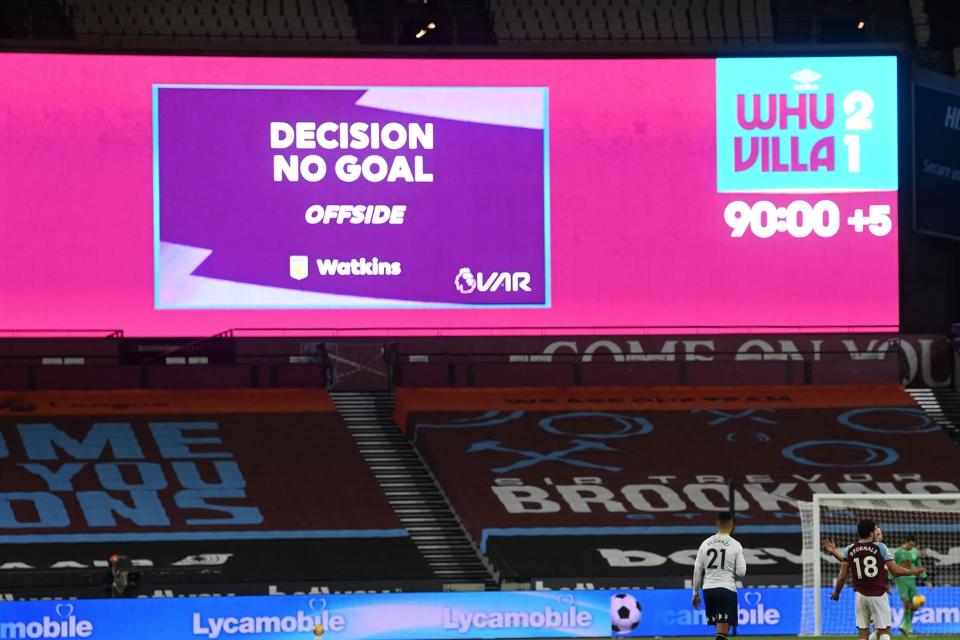 <p>West Ham held on to beat Aston Villa after Ollie Watkins’ late equaliser was ruled out by VAR</p> (POOL/AFP via Getty Images)