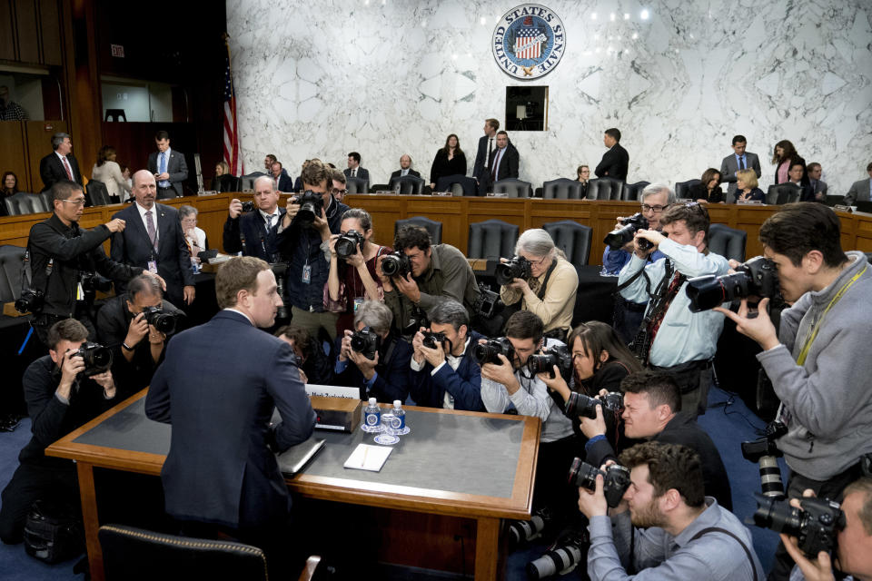 FILE - In this April 10, 2018, file photo, Facebook CEO Mark Zuckerberg returns from a break as he testifies before a joint hearing of the Commerce and Judiciary Committees on Capitol Hill in Washington. A U.S. congressional committee has requested a trove of internal Facebook documents that the company’s critics say will demonstrate how the social media giant unfairly leveraged its market dominance to crush or absorb competitors. (AP Photo/Andrew Harnik, File)